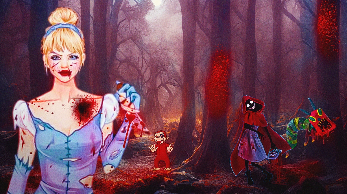 Horror movie versions of Cinderella, Little Red Riding Hood, Curious George, and the Very Hungry Caterpillar