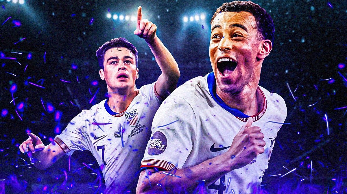 Tyler Adams and Gio Reyna on blue fire, celebrating in front of the USMNT logo