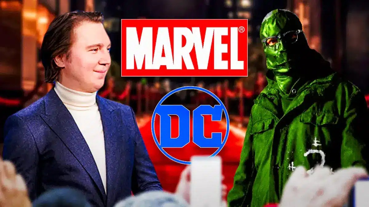 Paul Dano next to himself as The Riddler with the Marvel and DC logos in between