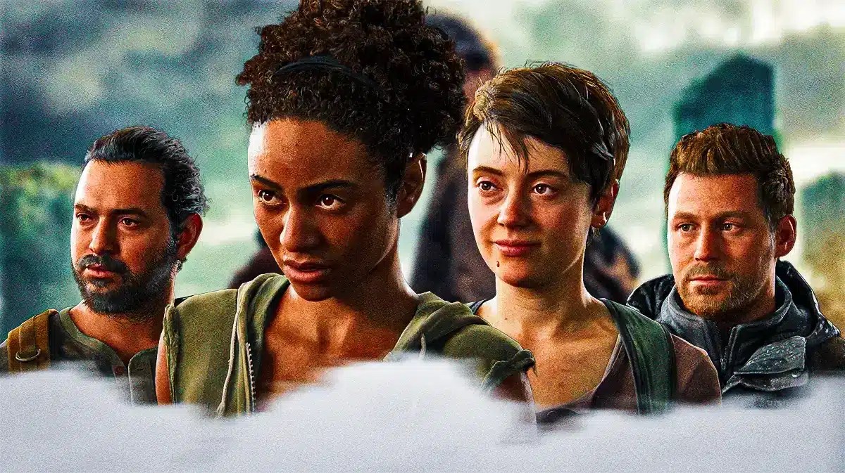Manny, Mel, Nora, and Owen from The Last of Us Part 2 with Joel and Ellie from HBO's The Last of Us in the background