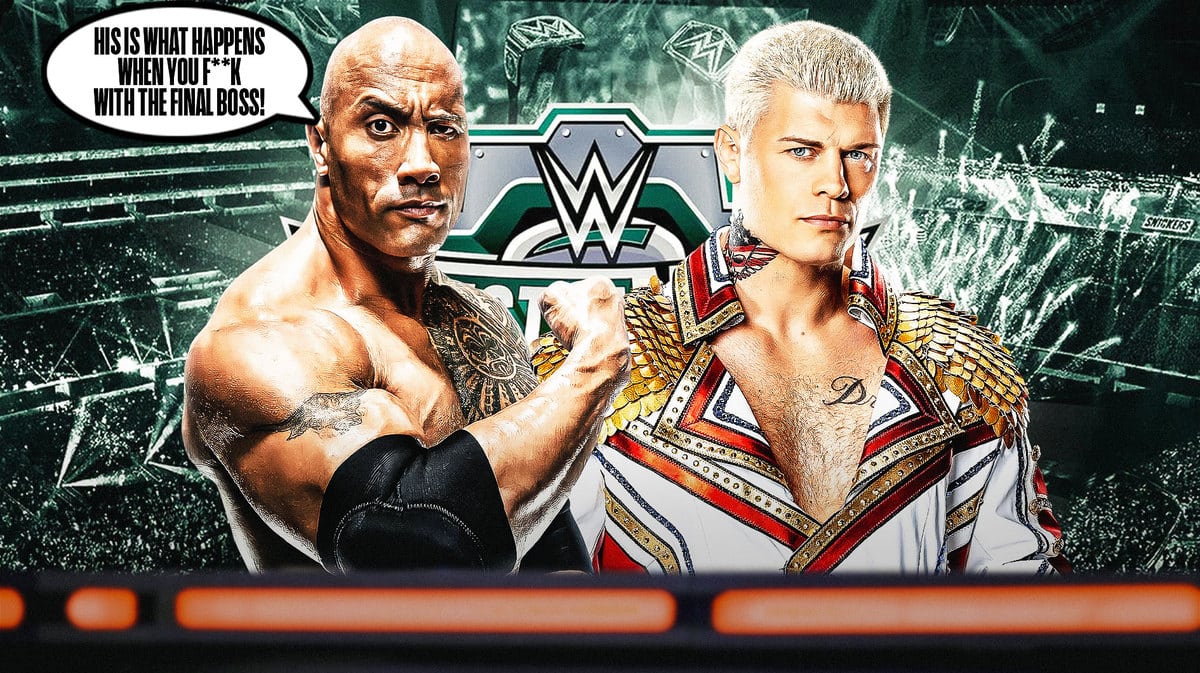 The Rock with a text bubble reading “This is what happens when you f**k with the Final Boss!” next to Cody Rhodes with the WrestleMania 40 logo as the background.