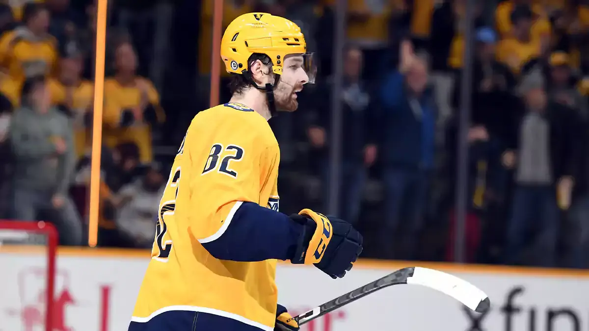 Nashville Predators center Thomas Novak (82) celebrates with teammates after a goal during the second period against the Montreal Canadiens at Bridgestone Arena.