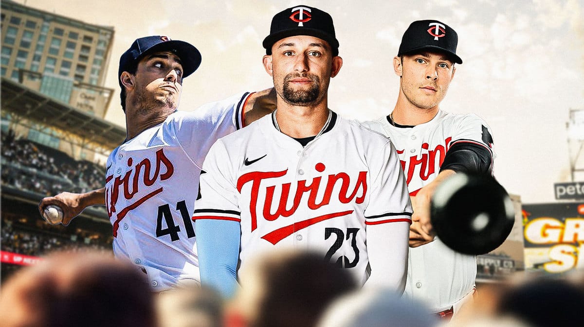 Twins' Royce Lewis in front looking serious. In background on left, Twins' Joe Ryan pitching a baseball. In background on right, Twins' Max Kepler swinging a baseball bat.