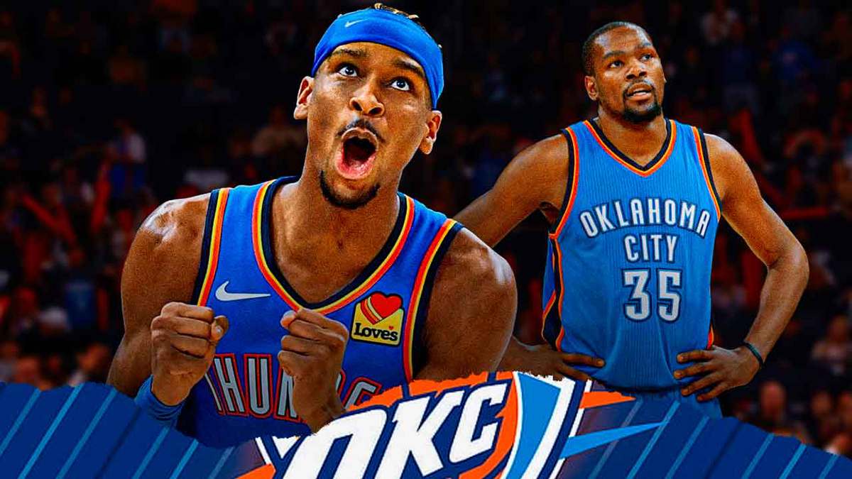 Thunder’s Shai Gilgeous-Alexander smiling at Kevin Durant in a Thunder uni (2013-14 version)