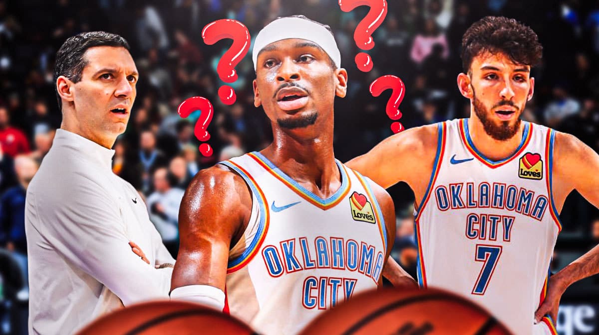 Thunder's SHai Gilgeous-Alexander with question marks next to Mark Daigneault and Chet Holmgren