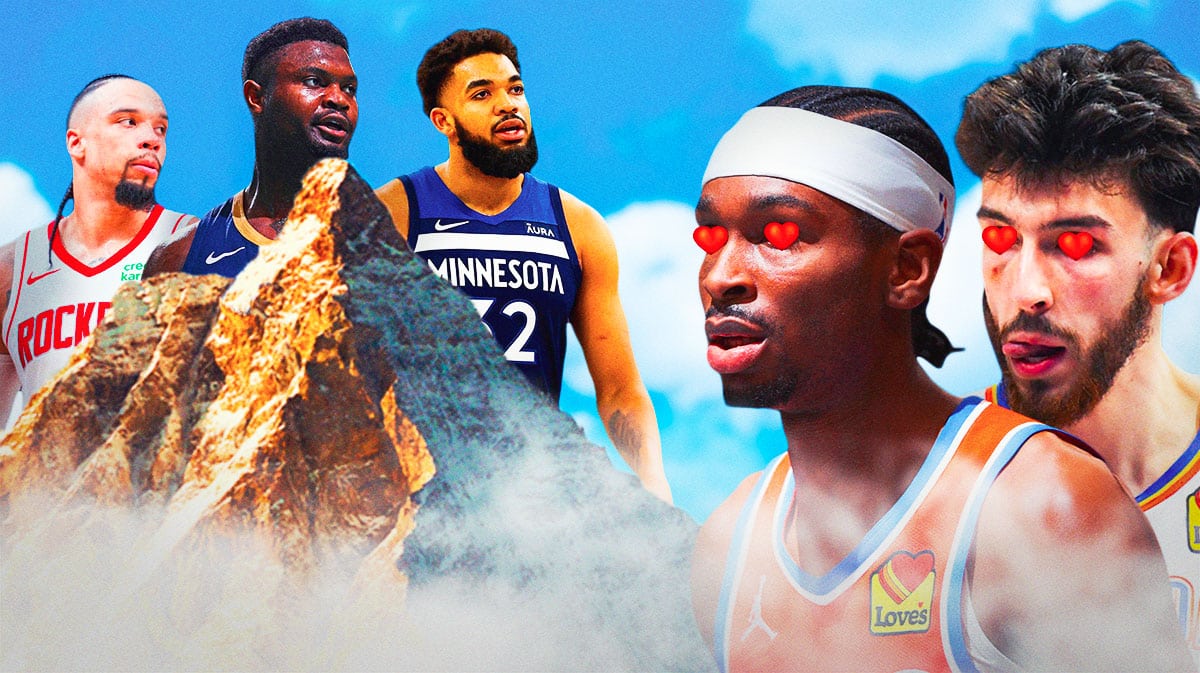 Thunder stars Shai Gilgeous-Alexander and Chet Holmgreen looking at Dillon Brooks, Zion Williamson, Karl-Anthony Towns