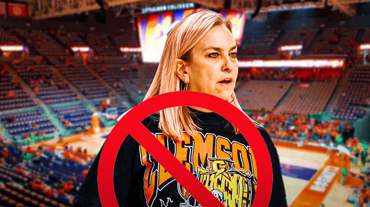 Clemson women’s basketball coach Amanda Butler, with a cancelled symbol over her.