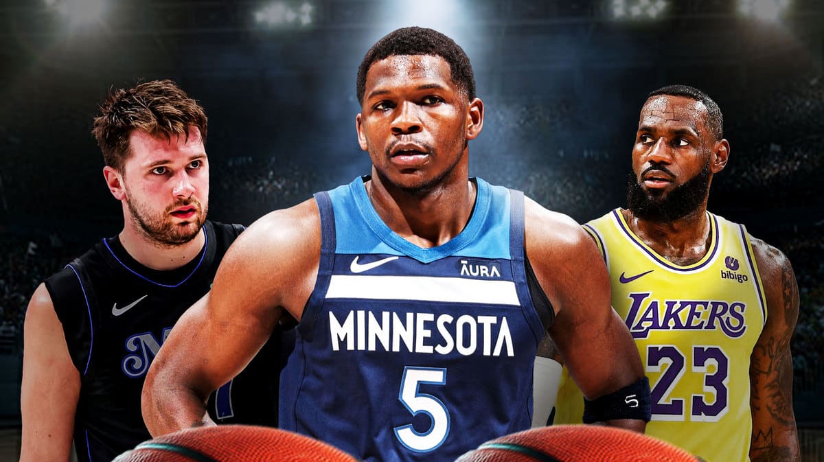 Anthony Edwards highlighted in the front and center alongside Luka Doncic and LeBron James