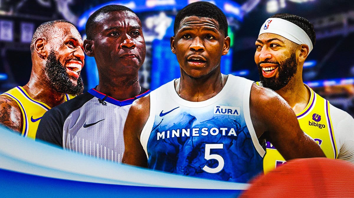 Timberwolves' Anthony Edwards angry at referee James Williams, with Lakers' LeBron James and Anthony Davis laughing