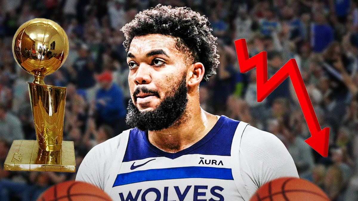Timberwolves' Karl-Anthony Towns looking sad with the Larry O’Brien trophy vanishing beside Towns, stock down logo beside Towns