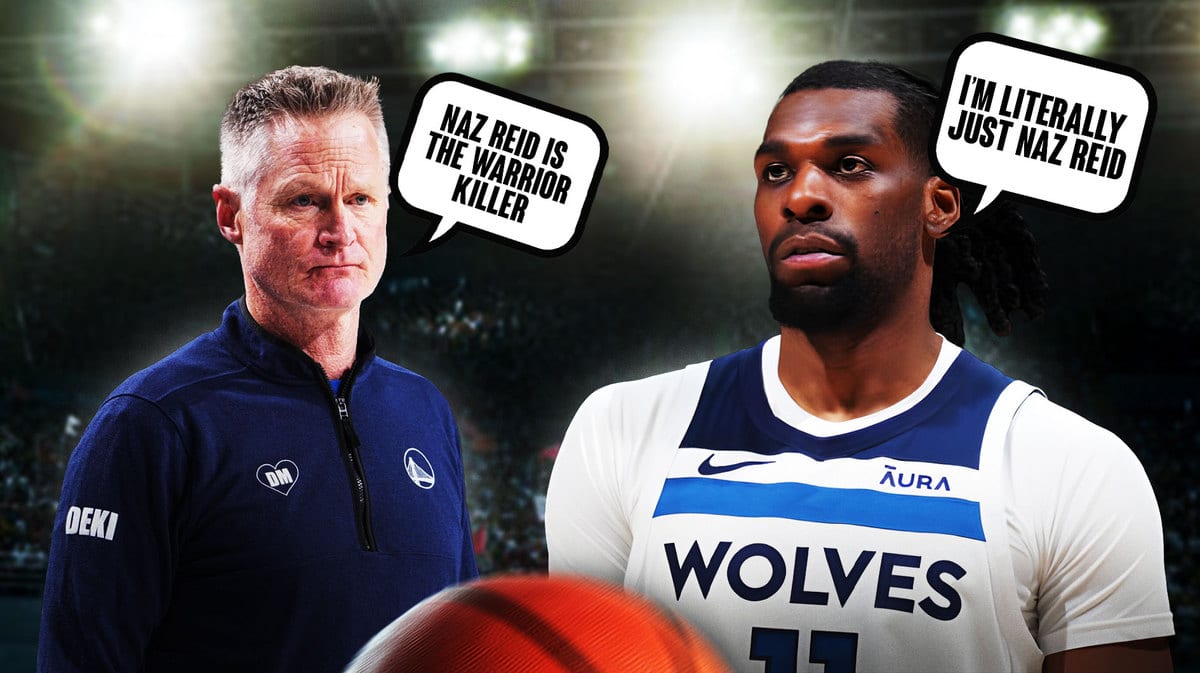 Steve Kerr saying, “Naz Reid is the Warrior Killer” and Naz Reid on the right-hand side saying “I’m literally just Naz Reid”.