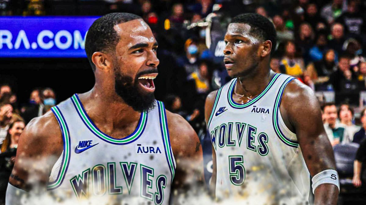 Mike Conley on one side, Anthony Edwards on the other side with stars in his eyes
