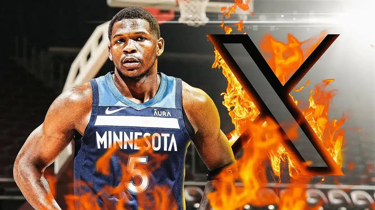 Anthony Edwards (Timberwolves) with burning X (social media app) LOGOS in the background