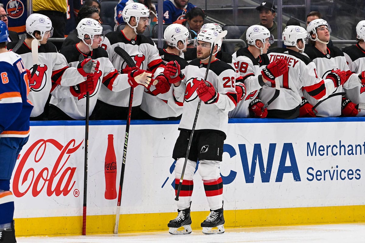 New Jersey Devils right wing Timo Meier (28) celebrates his goal against the New York Islanders during the second period at UBS Arena.