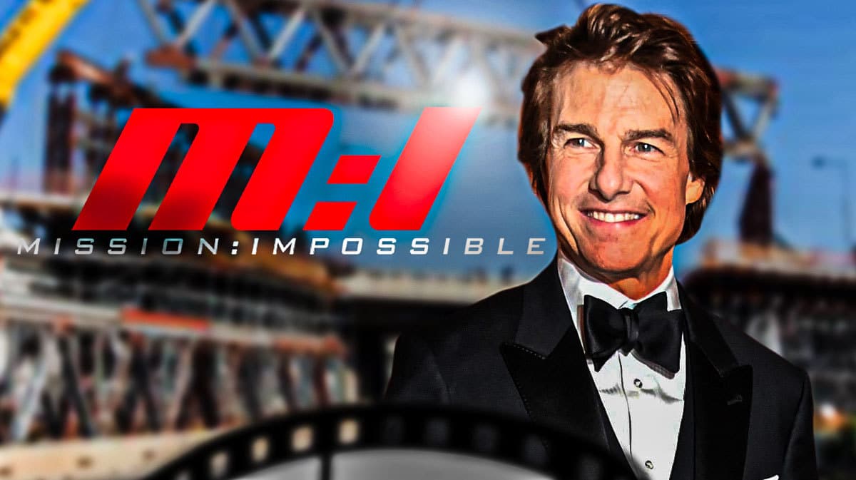 Tom Cruise next to Mission: Impossible logo and roadwork in the background