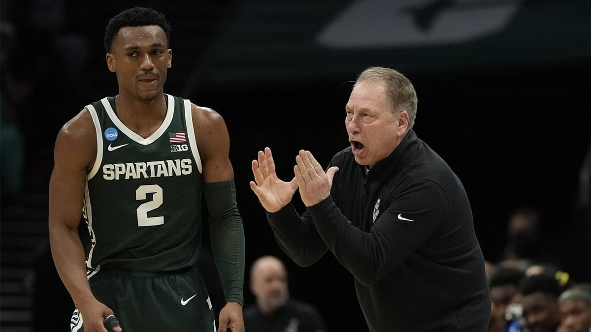 Michigan State Spartans head coach Tom Izzo reacts against the Mississippi State Bulldogs in the first round of the 2024 NCAA Tournament at the Spectrum Center.
