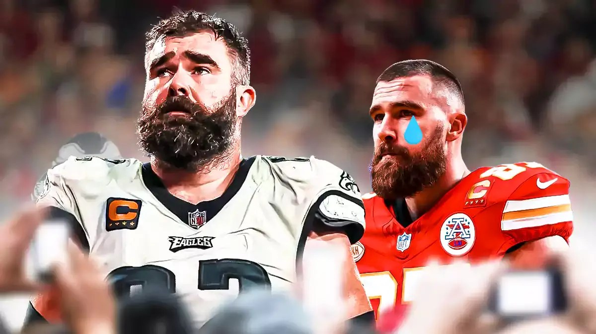 Travis Kelce with a tear drop looking at Jason Kelce