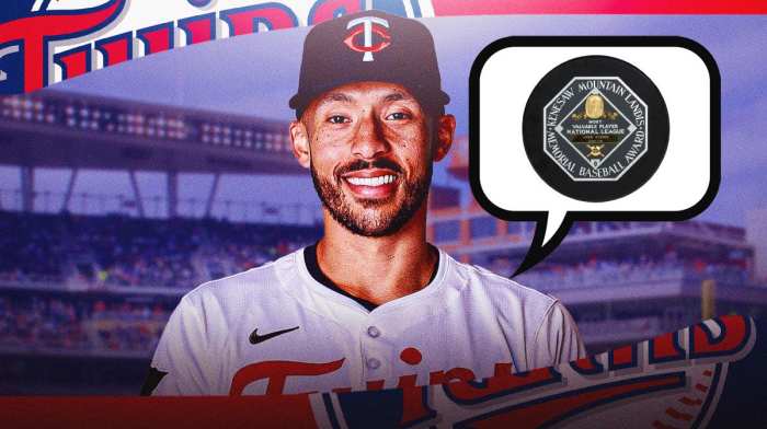 Twins' Carlos Correa with a thought bubble containing image of the AL MVP trophy, with Target Field background