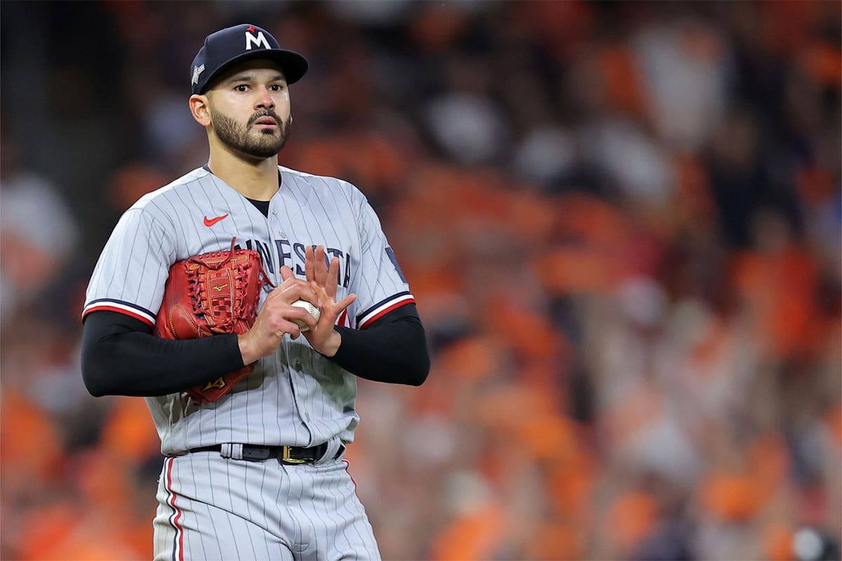Minnesota Twins starting pitcher Pablo Lopez (49) in the fourth inning for game two of the ALDS for the 2023 MLB playoffs against the Minnesota Twins at Minute Maid Park. 