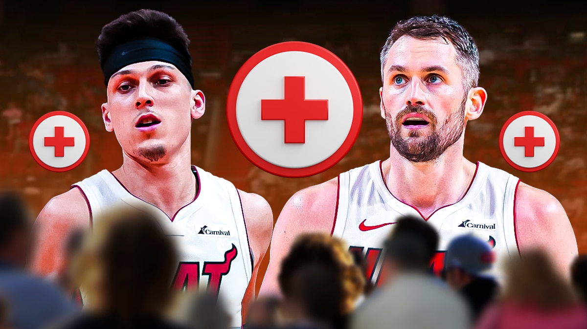 Miami Heat stars Tyler Herro and Kevin Love in front of the Kaseya Center.