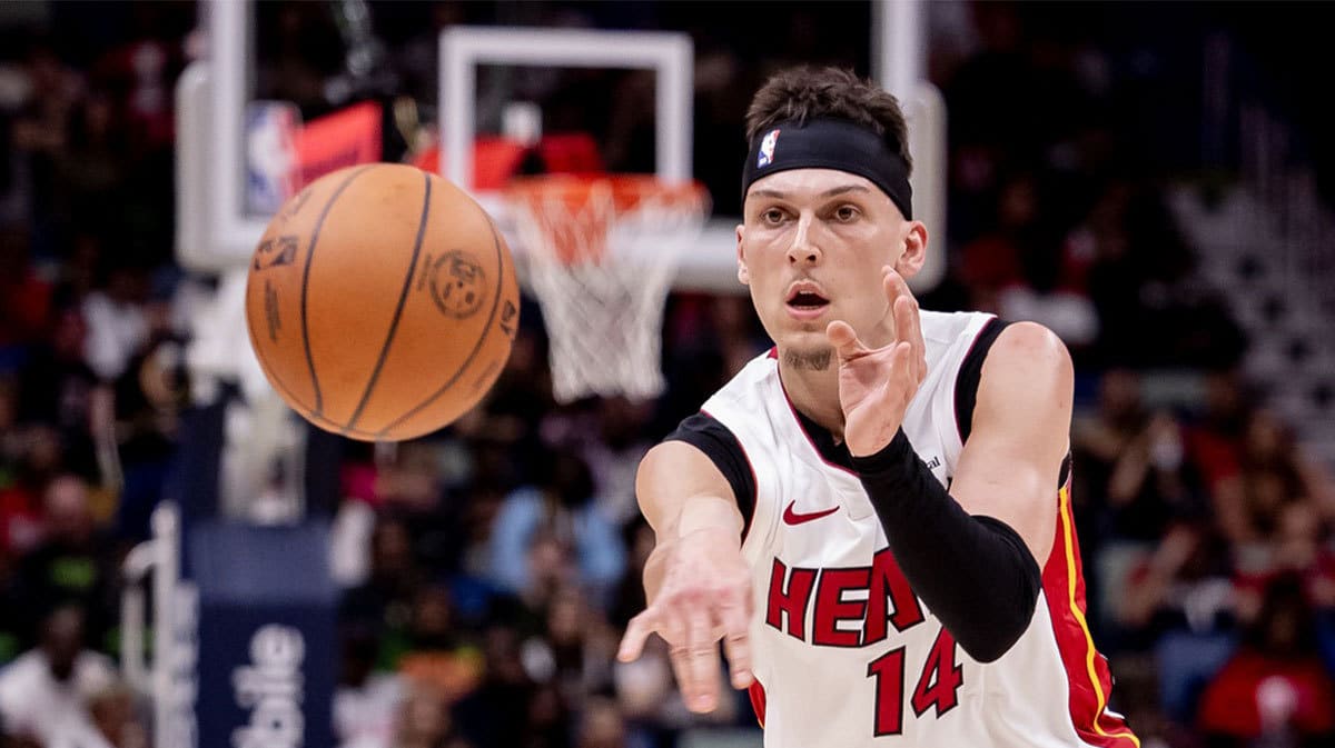 Miami Heat guard Tyler Herro (14) passes the ball against the New Orleans Pelicans during the first half at Smoothie King Center.