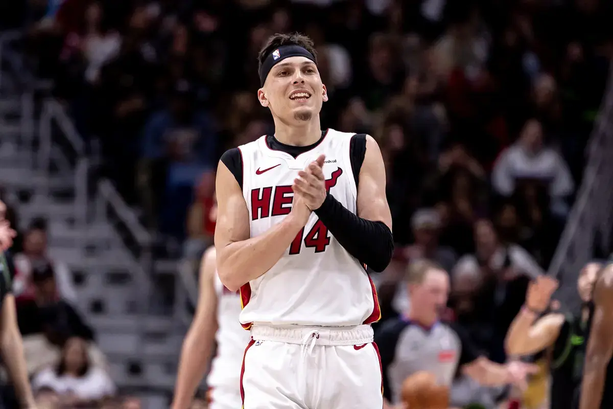 Miami Heat guard Tyler Herro (14) reacts to a missed three point basket attempt against the New Orleans Pelicans during the second half at Smoothie King Center.