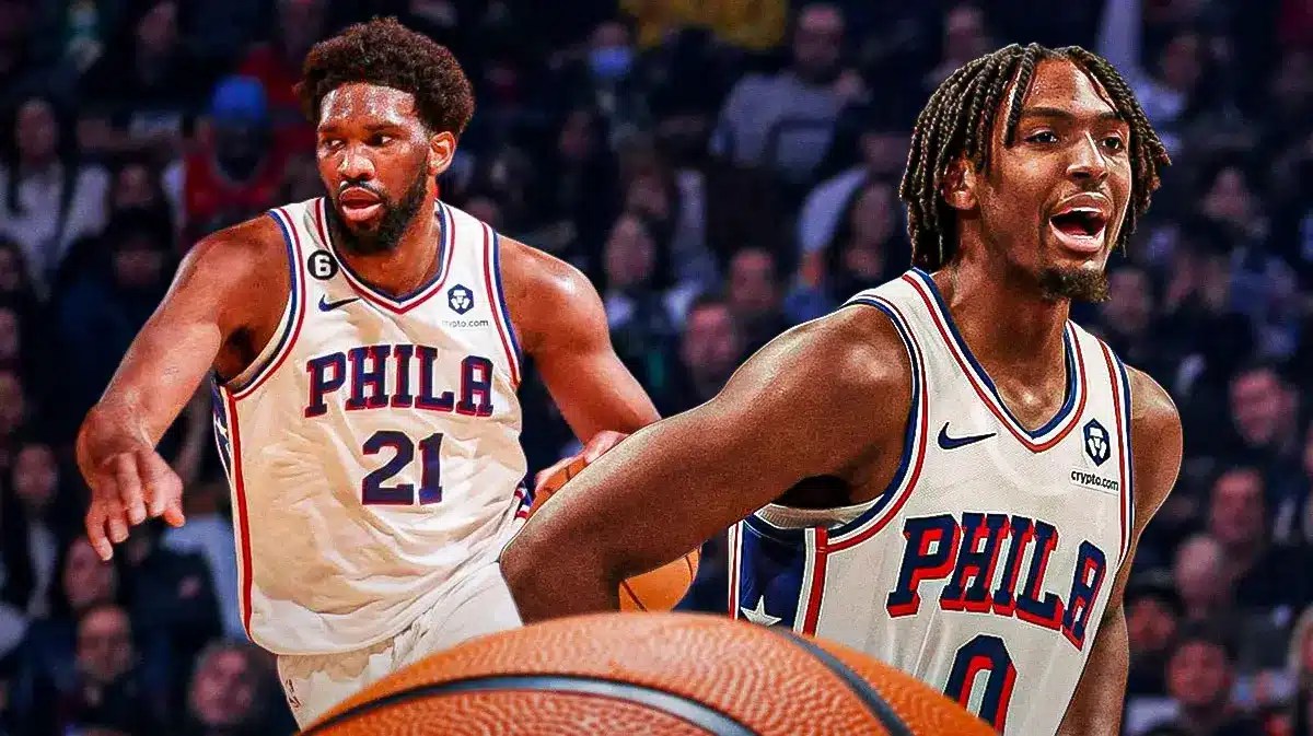 NBA players Joel Embiid and Tyrese Maxey of the Philadelphia 76ers