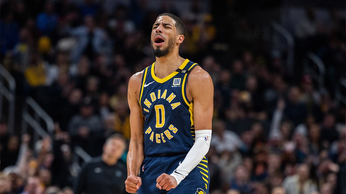 Indiana Pacers guard Tyrese Haliburton (0) celebrates a shot during the second half against the Minnesota Timberwolves at Gainbridge Fieldhouse.