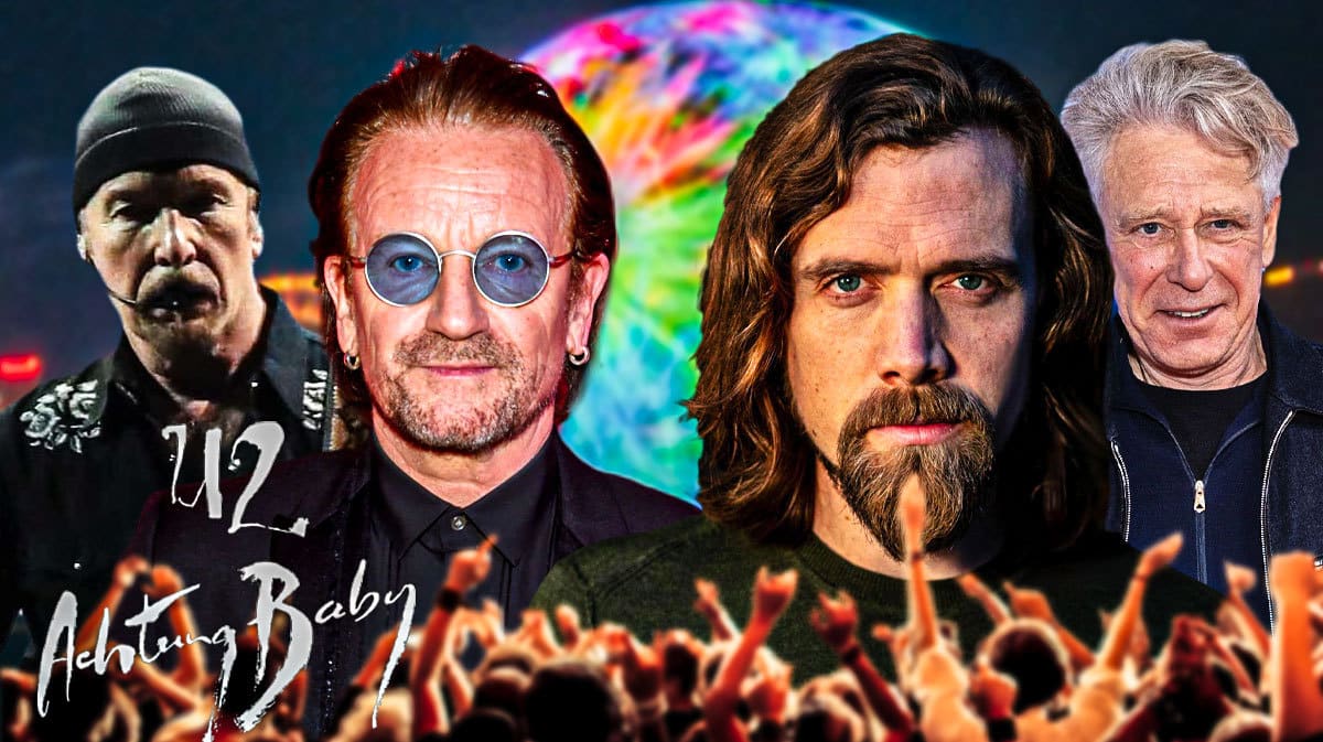 U2 members The Edge, Bono, Bram van den Berg, and Adam Clayton with Achtung Baby logo and Sphere background.