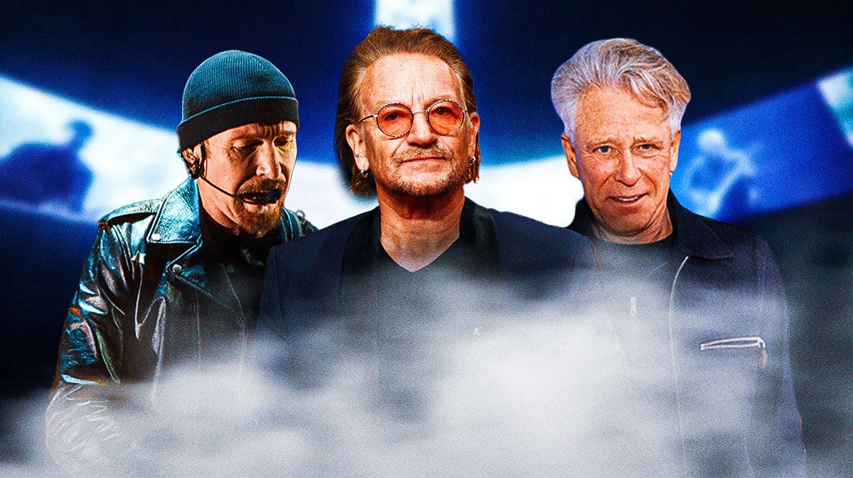 U2 members The Edge, Bono, and Adam Clayton with Sphere background.