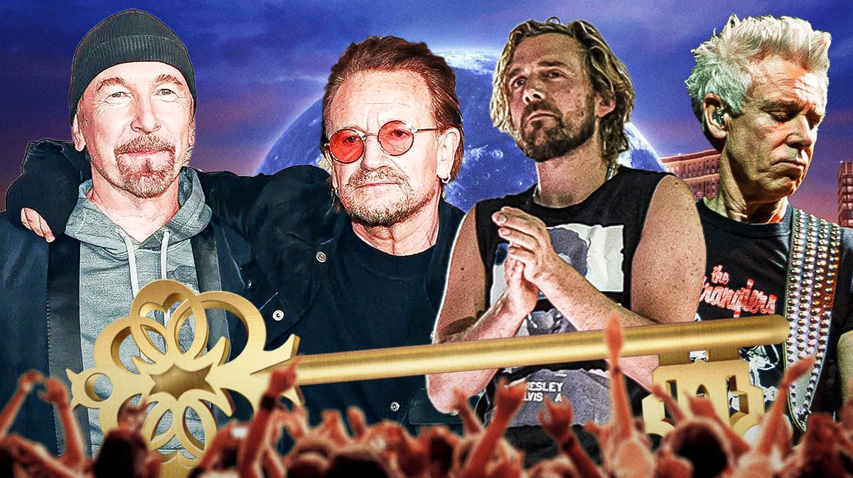 U2 members The Edge, Bono, Adam Clayton, and Bram van den Berg with key to Las Vegas strip and Sphere background.