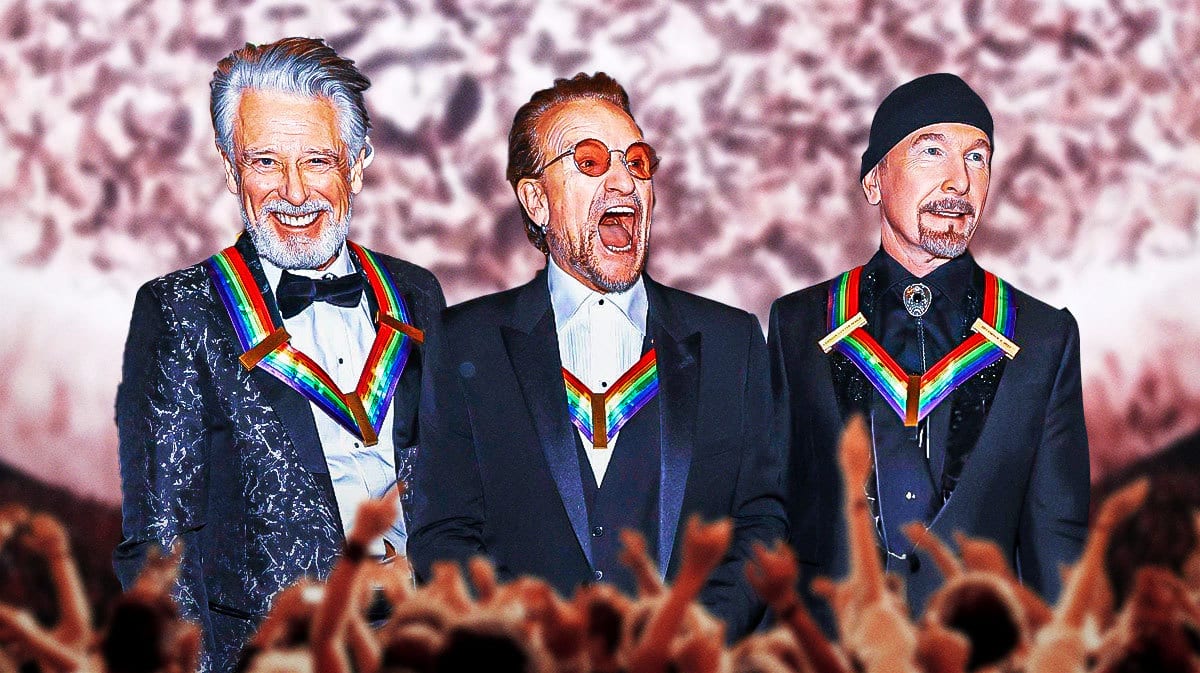 U2 members Adam Clayton, Bono, and The Edge with Las Vegas Sphere background.