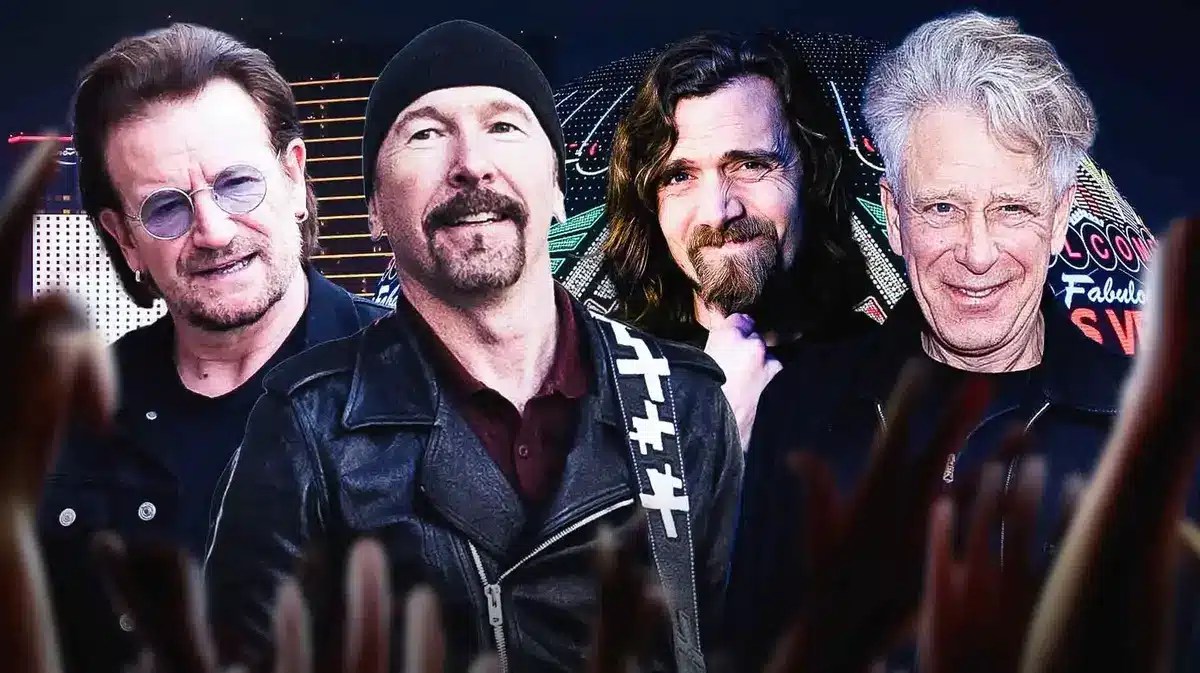 U2 Bono, The Edge, Bram van den Berg, and Adam Clayton, and MSG Sphere background.