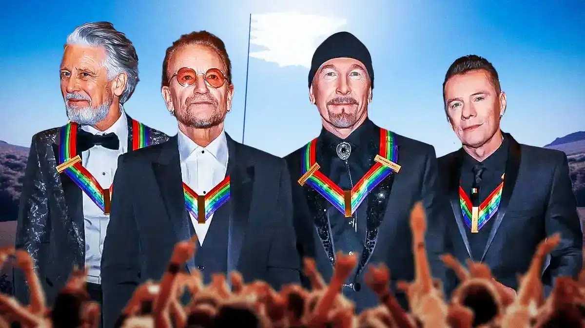 U2 Adam Clayton, Bono, The Edge, and Larry Mullen Jr. in front of Sphere background.