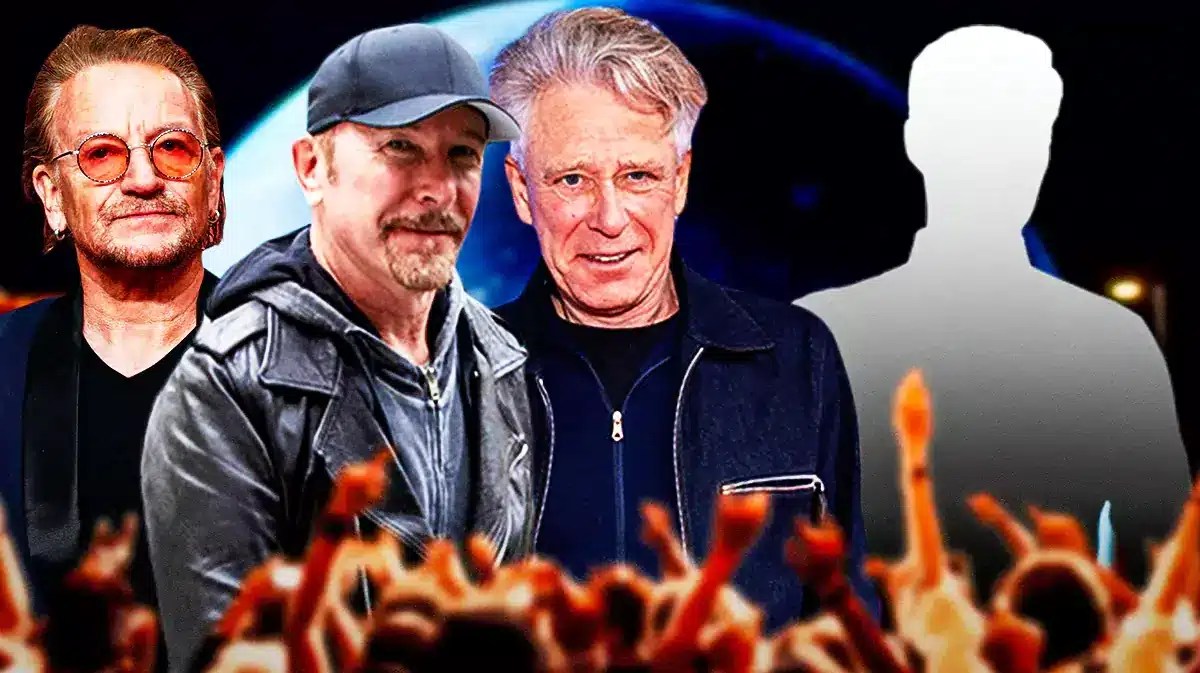 U2 members Bono, The Edge, and Adam Clayton with silhouette of Daniel Lanois with Sphere background.