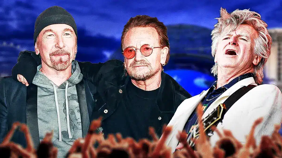 U2 members The Edge and Bono with Crowded House's Neil Finn and Sphere background.