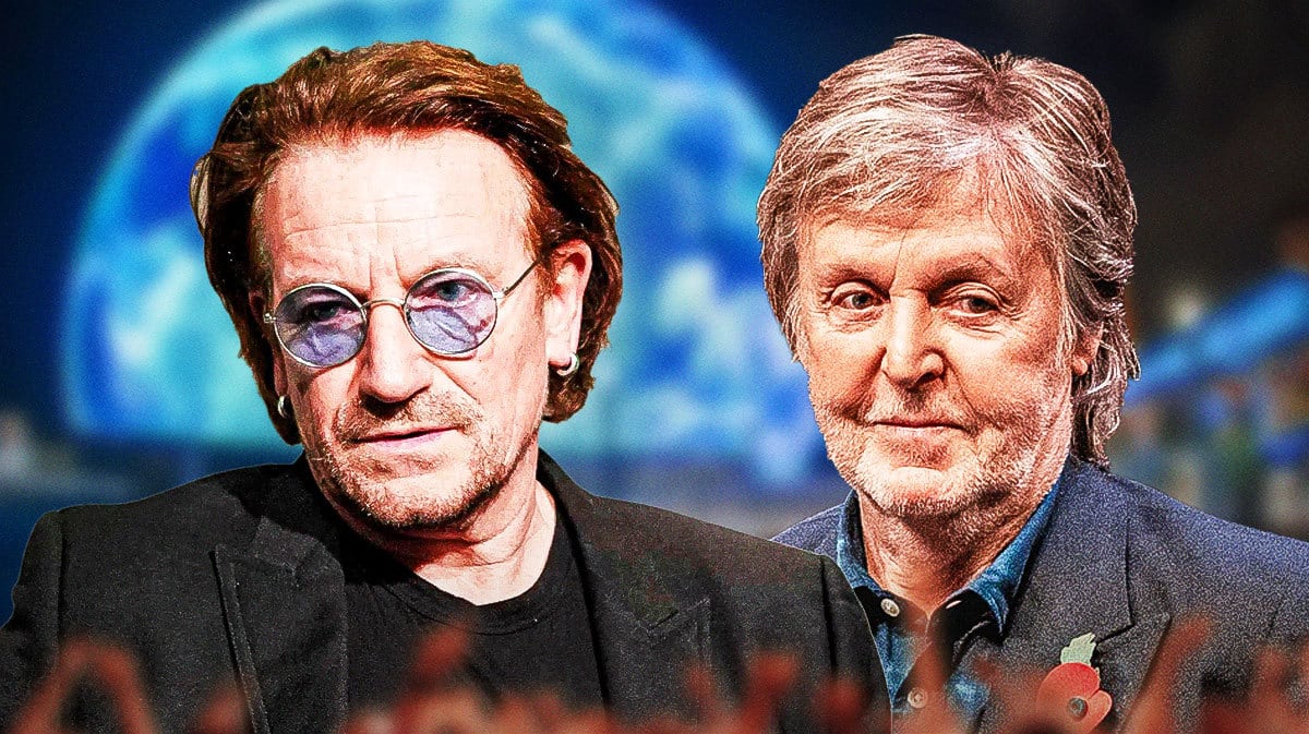 U2 singer Bono and Paul McCartney in front of Sphere.