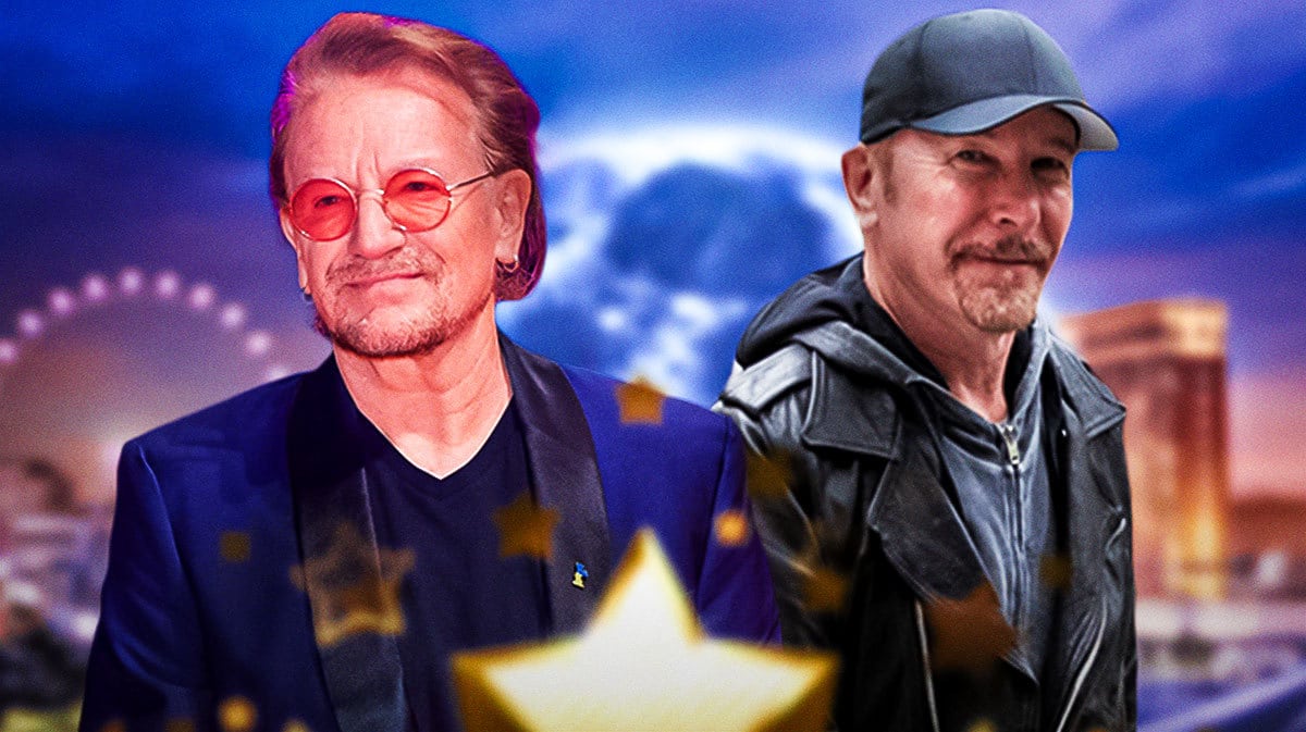 U2's Bono and The Edge in front of the Sphere.