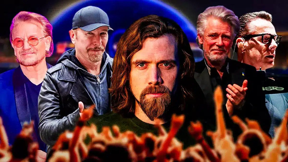 U2 members Bono, The Edge, Bram van den Berg, Adam Clayton, and Larry Mullen Jr. with Sphere background.