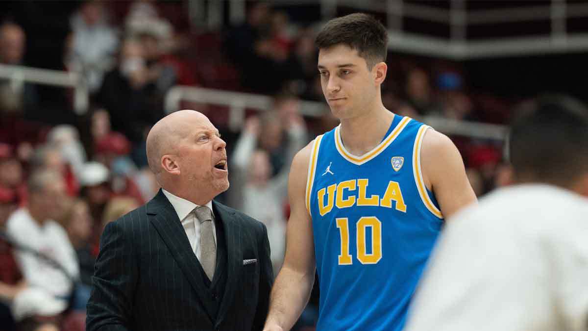 UCLA Bruins head coach Mick Cronin reacts towards UCLA Bruins guard Lazar Stefanovic (10) during the first half against the Stanford Cardinal at Maples Pavilion