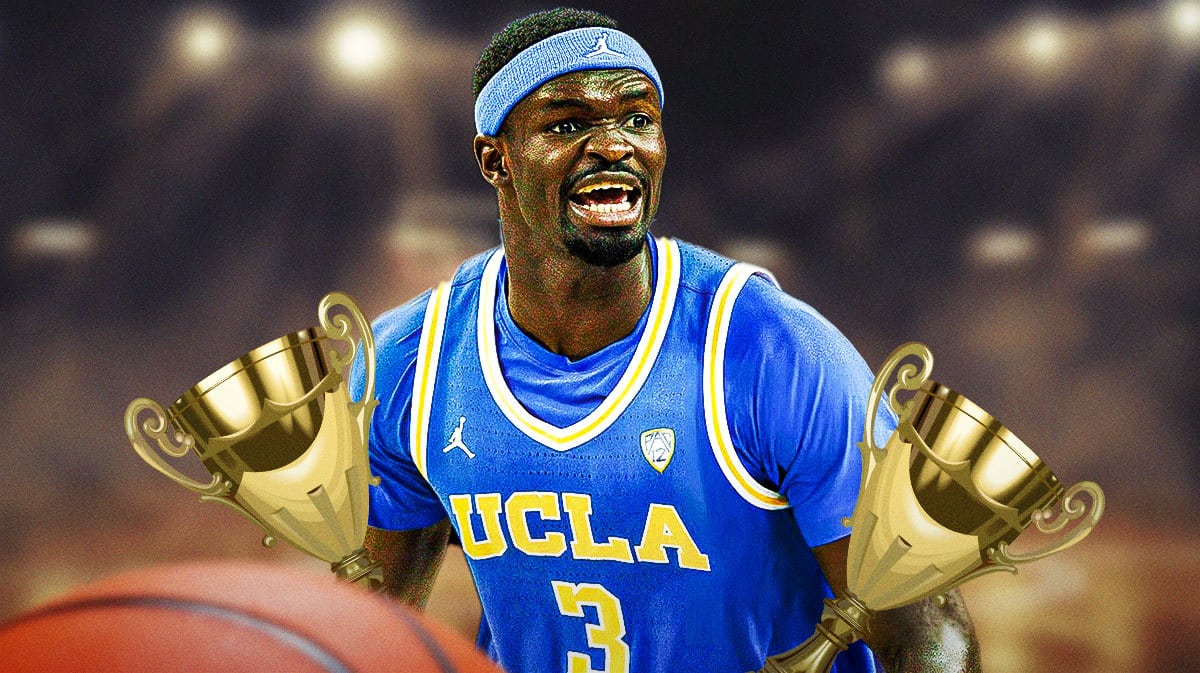UCLA basketball player Adem Bona holding two trophies
