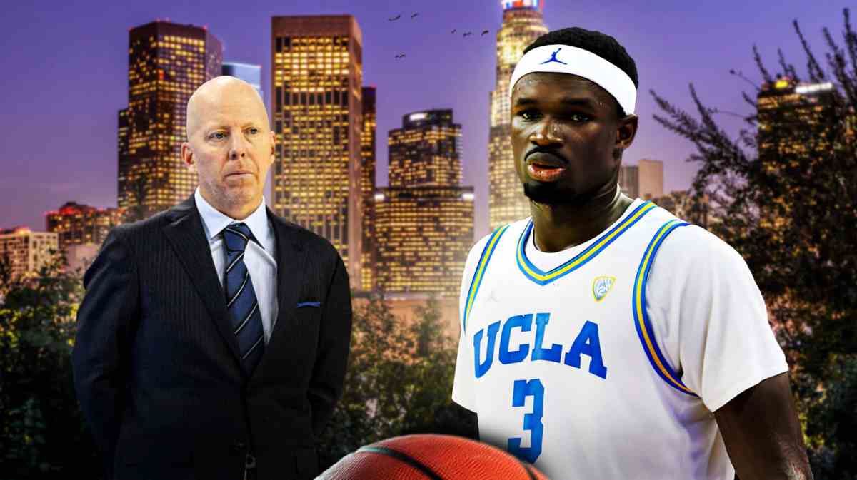 UCLA basketball, Bruins, Adem Bona, Mick Cronin, Adem Bona UCLA, Mick Cronin and Adem Bona (in UCLA uni) with LA skyline in the background