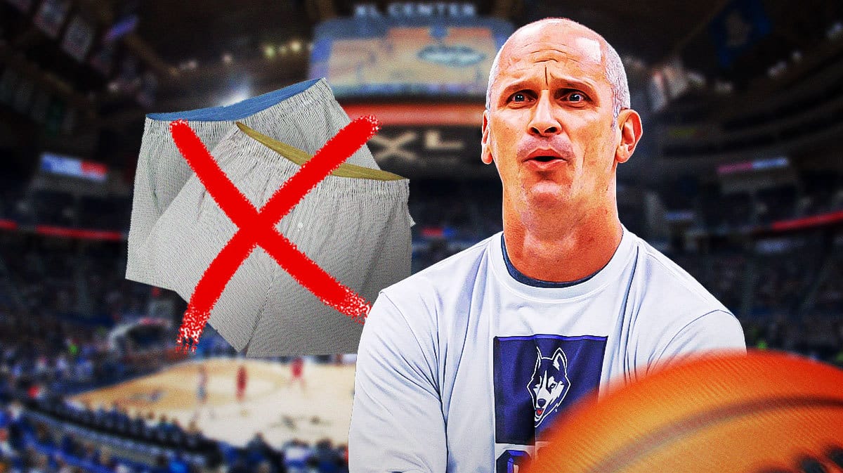 UConn basketball coach Danny Hurley next to a pair of men’s boxers with a big red X over the underwear