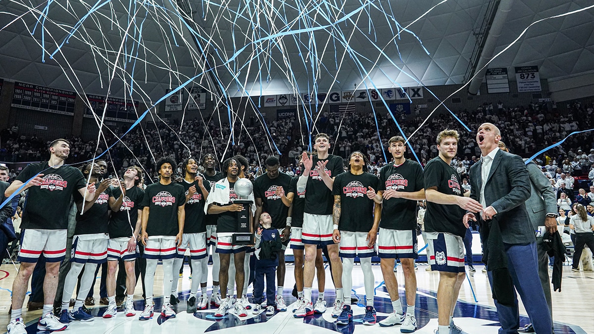 UConn celebrating after winning the NCAA Basketball Tournament National Championship Gam. 