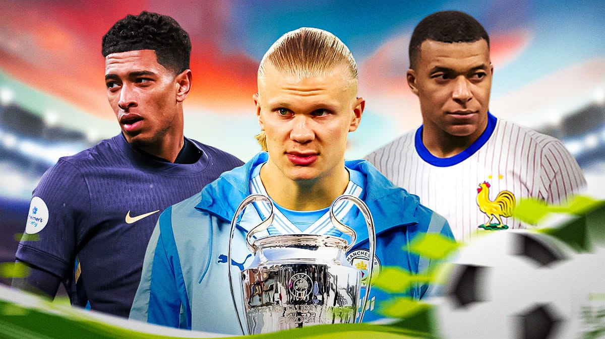 Jude Bellingham, Erling Haaland, Kylian Mbappe in front of the Champions league trophy