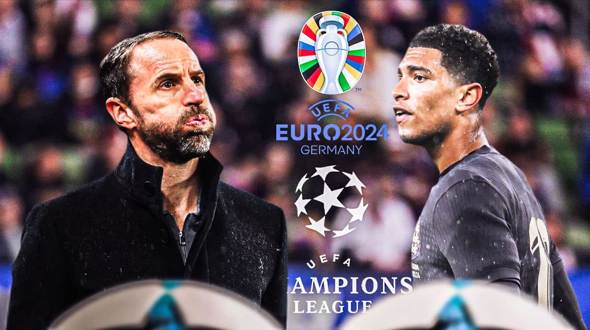 Gareth Southgate, Jude Bellingham in front of the Euro 2024 and UEFA logos