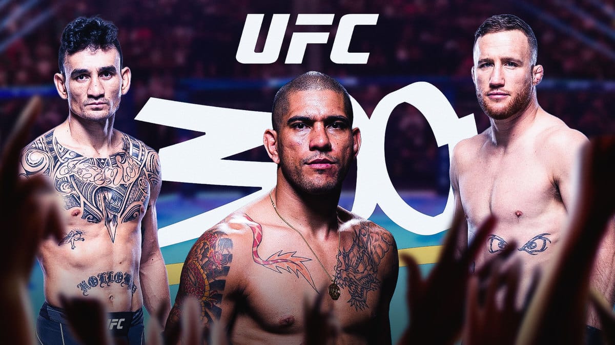 Alex Pereira, Justin Gaethje, Max Holloway in front of the UFC 300 logo