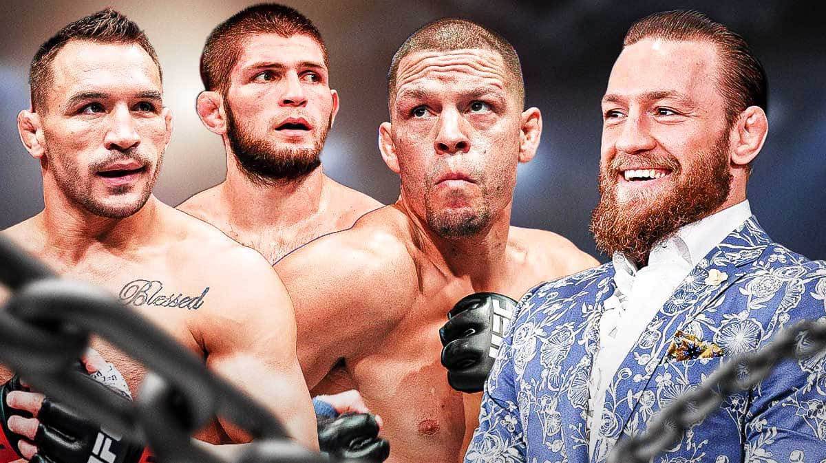 Conor McGregor smiling in the middle, Nate Diaz, Michael Chandler, Khabib Nurmagomedov on the sides