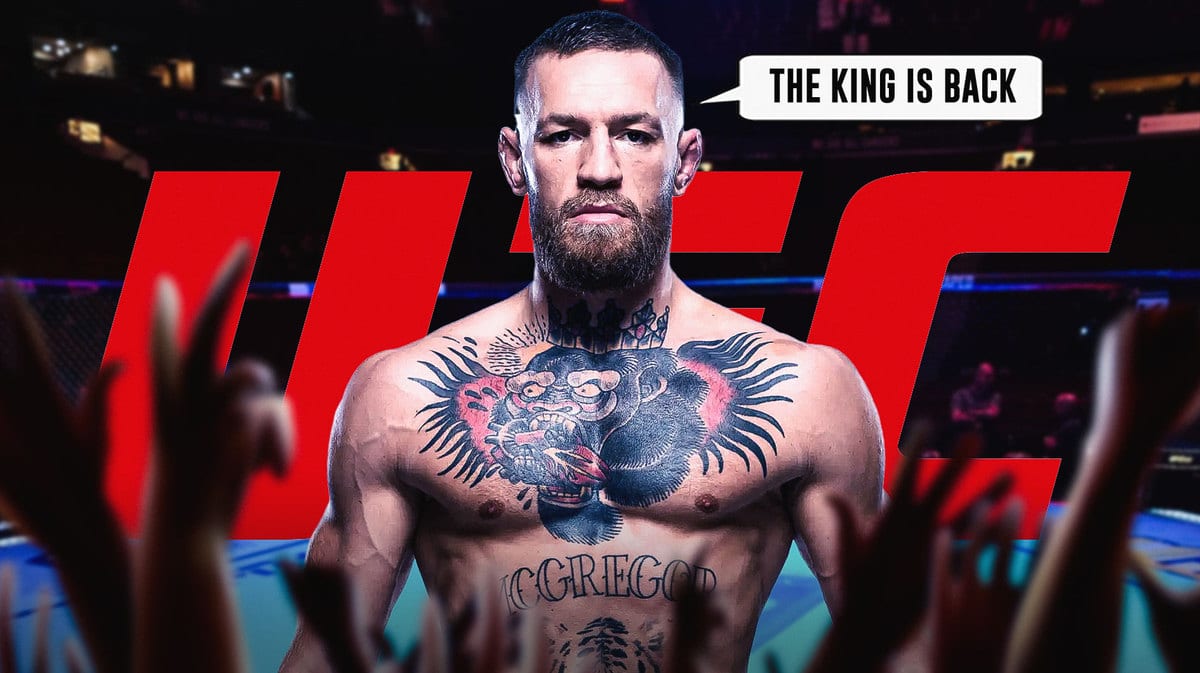 Conor McGregor saying: ‘The King is back’ in the Octagon, the UFC logo behind him