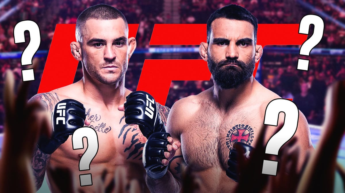 Dustin Poirier and Benoit Saint Denis in front of the UFC logo, questionmarks in the air